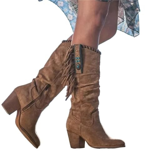 XUCZHAI Stivali da Donna retrò con Tacco Alto, Fibbia in Metallo, Punta a, Spesso, Nappe, Stivali Cowboy Western, Scarpe di Grandi Dimensioni