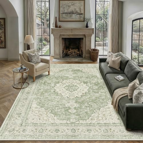 PureCozy Teppich Wohnzimmer 200x300cm Vintage Waschbarer Grün Tepich | Rutschfest Kurzflor,Weich Teppiche,Wohnzimmerteppich,Schlafzimmer,Esszimmer,Büro,Kinderzimmer