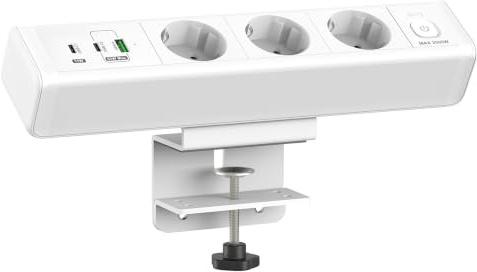 Tischsteckdose mit USB C 65W, Dinolink 3 Fach Steckdosenleiste mit 3 USB | USB-C2 65W, USB-A 65W, USB-C1 15W, 10A Überlastschutz, Aluminium, 1,8 m Kabel, für Tischplatten bis 5,8 cm