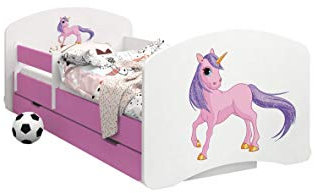 Happy Babies - Doppelseitiges PINK KINDERBETT MIT SCHUBLADE Modernes Design mit sicheren Kanten und Absturzsicherung Schaumstoffmatratze 7 cm (29. Einhorn, 190x90)