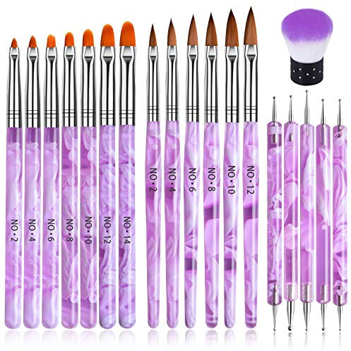 19 Pcs UV Gel Acrylic Nail Brush Set, TOROKOM Nail Art Tips Builder Brush Poly Extension Gel Brush Nail Painting Brush Dotting Pen Nail Art Dust Remover Brushes Powder for Nail Salon Home Use (Purple)