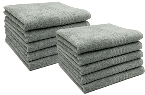 ZOLLNER Juego de 10 Toallas de 50 x 100 cm: Toallas Muy absorbentes en Color Gris, con práctico Colgador, Elegantes Rayas en Profundidad, Lavables hasta 60 °C, algodón, Calidad de Hotel