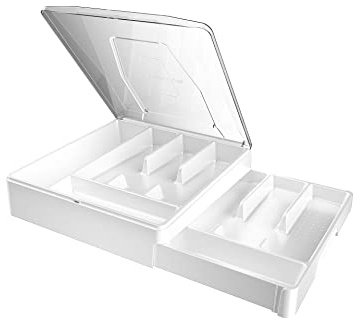 Kurberson Double Layer Silverware Tray with Lid, Drawer Organizer for Utensil Tray, Cutlery Storage Holder with Cover, White