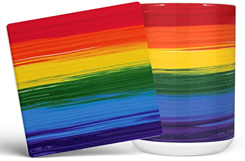 Mug Monster - Painted Effect Gay Pride Flag Mug, LGBT LGBTQ Gift, Rainbow Flag Cup - Ceramic Coffee Cup, Gift for Men or Women, Extra Large and Giant Available, 15oz White & Coaster
