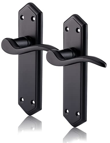 XFORT Black Beauty Range Matt Black London Suite Lever Latch Handles, Shaped Long Backplate Door Handles, Contemporary Door Handle Set for Internal Wooden Doors (1 Pair)