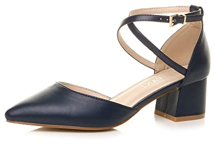 AJVANI Womens Ladies mid Block Heel Pointed Toe Cross Strap Two Part Mary Jane Court Shoes Sandals Size