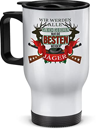 Tassendruck Edelstahl-Thermobecher mit Spruch - Nur die Besten Werden Jäger - Coffee to Go Becher mit Geweih, Reisebecher, Jäger Geschenke, Jagd Zubehör, Waidmannsheil | Weiß, 390 ml