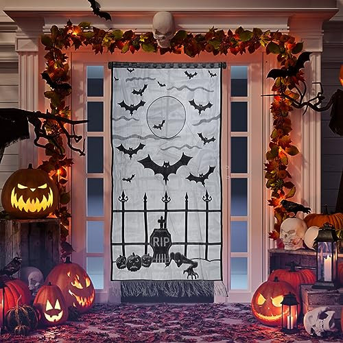 Halloween Türdeko Curtain, Halloween Vorhänge, Schwarze Spitze Halloween Vorhang, Skelett Spinnennetz Fledermaus Banner für gruselige Halloween Deko Horror Fenster Haustür Tür Party Dekorationen