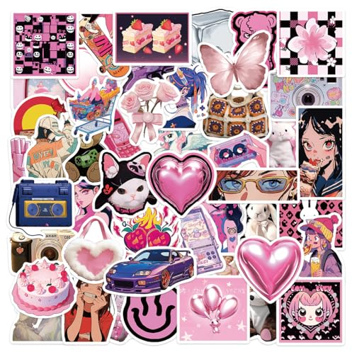 POPNWOW Schwarz Rosa Aufkleber 50 Stück Wasserdicht Vinyl Cute Black Pink Stickers für Reisekoffer Gepäck Laptop Wasserflasche iPad Smartphone Fahrrad Skateboard Helmet Gitarre