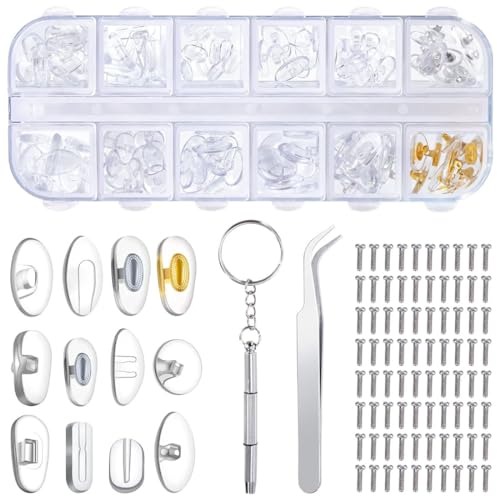 YUUSIKCO Kit de Reparación de Gafas - Almohadillas Gafas, 60 Pares Almohadillas de Nariz para Gafas Silicona Enroscables, Almohadillas Nasales para Gafas, con Tornillos Pinzas y Paño de Limpieza