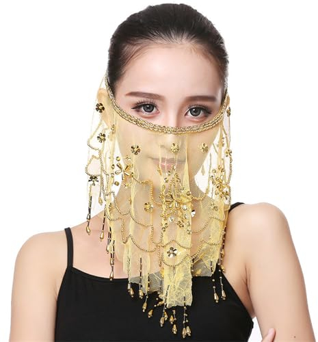 LERTREEUK Frauen Bauchtanz Gesichtsschleier Perlen Pailletten Tanz Kleid up Perlen Quaste Dame Niqabs Party Show Kostüm (Gelb)