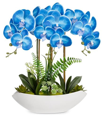 Oairse 18 Orchid Artificial Flowers Blue Fake Orchid Silk Flowers with Ceramic Pot Large Faux Phalaenopsis Arrangement for Home Office Room Living Room Coffee Table Centerpiece Decoration