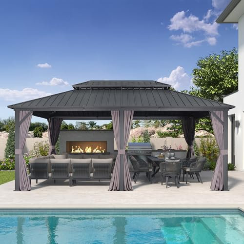 PURPLE LEAF Alu Pavillon 3.65 x 5.45 m Festem Dach, Basisch Gartenpavillon Wasserdicht Stabil Winterfest Hardtop Pavillon mit Moskitonetz und Vorhänge für Partyzelt, Grau