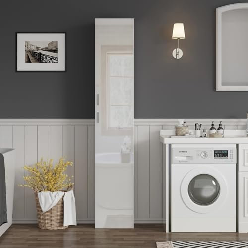 LSBIKE 190cm Tall Bathroom Cabinet White High Gloss bathroom cabinets Tall Boy cabinet Free Standing Slim Bathroom Storage Cabinet with 2 Doors 4 Shelves for Living Room Bedroom Furniture 35x29x190CM