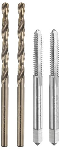 sourcing map Tap and Drill Bit Set, 2pcs 10-24 UNC Straight Flute Thread Screw Taps & 2pcs 3.8mm Twist Drill Bits, Uncoated/Roasted Yellow HSS-6542/M35 HSS-CO Tapping Threading Tool Kit