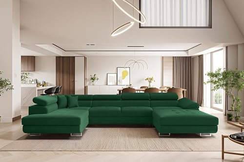 Kaiser Möbel - Ecksofa mit Schlaffunktion - Wohnlandschaft U Form - Big Sofa 345 x 202 cm - Relaxsofa, 6 Verstellbaren Kopfstützen, 2 x Bettkasten - Eckcouch Groß, XXL - Falio U II Links Dunkelgrün