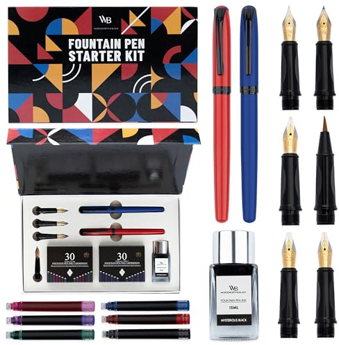 Wordsworth & Black Fountain Pen Set for Beginners, Calligraphy Kit, Blue | Cartridge Pen, Brush Pen + 5 Nibs, 60 Ink Cartridges + Ink Bottle, Converter, Writing & Journaling, Gift for Men & Women