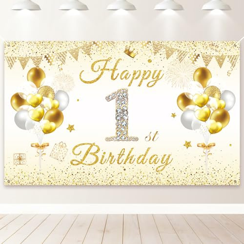 PartyYaa 1. Geburtstag Banner Deko, Extra Großes 1. Geburtstagsbanner, Happy Birthday Banner Hintergrund Fotoautomaten Schild Poster Party Deko für Mädchen und Jungen
