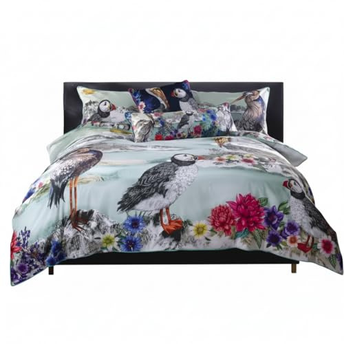 House of Norris Mountain Lake Super King Size Duvet Cover Set | 200 Thread Count 100% Cotton Bedding Set | Free Decorative Cushion with Pom Pom Trim | Water Birds Design in Soft Blue & Grey Hues