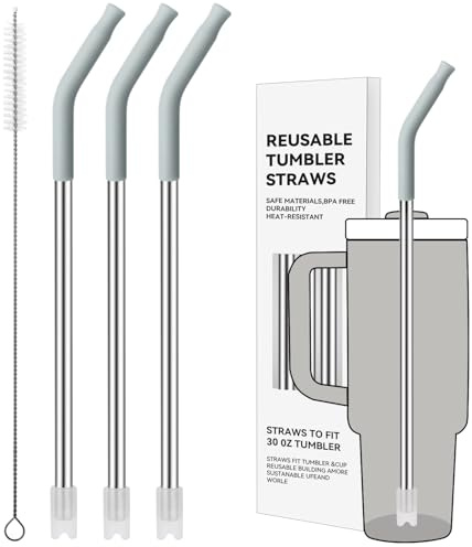 Prurex Reusable Metal Straws with Silicone Tip for Stanley 30oz,Stainless Steel Drinking Straws for 30oz Tumbler,3 Straight Tubes & 6 Tips& 1 Cleanr Brush (Ash)