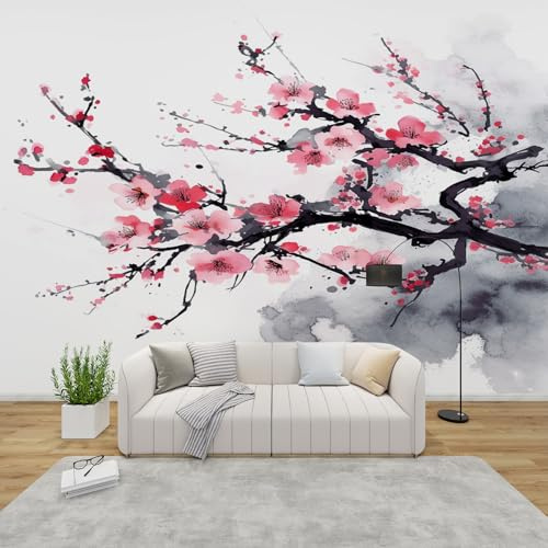 GEDAEUBA Papier Peint Panoramique Fleur de Cerisier Japonais, Papier Peint Intissé Motif Asiatique, Tapisserie Panoramique Salon, Décoration Murale Chambre, 300x210 cm
