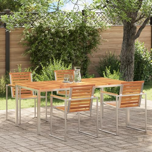 HEFZGDB Massivholz Akazie Esstisch für draußen 180x90x75 cm Rechteckig Edelstahl Outdoor Tisch mit geölter Oberfläche für 6 Personen wetterfest und langlebig Gartenmöbel