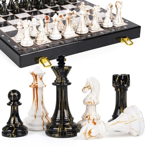 15 Large Chess Set for Adults with Weighted Acrylic Chess Pieces 3.5 King & Portable Folding Marbling Wooden Chess Board Travel Chess Sets Family Board Game Gift – Elegant Classic Chess Game