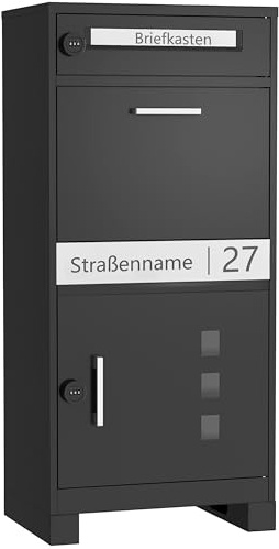 TIMELESS PIECES Paketbox,Paketbriefkasten mit Zahlenschloss Briefkasten mit Paketfach, personalisiert, lasergraviertes Namensschild und Hausnummernschild,Paketkasten,Postbox XXL Stahl(Schwarz)