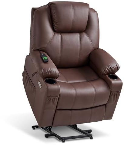 MCombo Electric Power Lift Recliner Chair Sofa with Massage and Heat for Elderly, 3 Positions, 2 Side Pockets, and Cup Holders, USB Ports, Faux Leather 7040 (Light Brown, Medium)