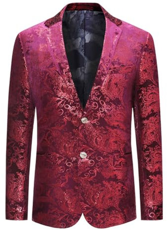 Allthemen Men's Luxury Casual Velvet Dress Suit Slim Fit Floral Prints Stylish Blazer Coats Chic Jackets, Burgundy, XXL