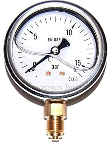 Suinga MANOMETRO esfera GLICERINA 0-16 Bar 1/4. Utilizado en fontanería y jardinería para CALCULAR la PRESIÓN exacta de funcionamiento en las tuberías, gris