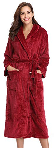 Vlazom Robe de Chambre Femme Polaire Peignoir à Capuche Chaude et Doux Flanelle Hiver Cadeau de Noël，Vin Rouge，L