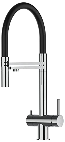 3 wege MASSIV Edelstahl Küchenmischer für Filtersysteme, mit 2strahl Handbrause. 360° schwenbarer Auslauf mit separatem Filterwasser Kanal mit Silikon-Schlauch - Hochglanz Poliert (Schwarz)