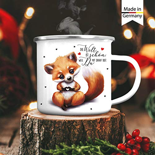 Emaille Campingbecher Fuchs Die Welt ist schön, weil Du mit drauf bist Kaffeebecher Tasse/silberner Becherrand