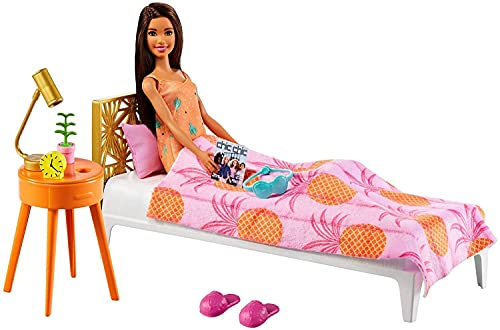 Barbie GRG86 - Schlafzimmer-Spielset und Barbie-Puppe (ca. 30 cm, brünett), Möbel-Spielset mit Puppe in Pyjamas und Zubehör, Geschenk für Kinder von 3 bis 7 Jahren