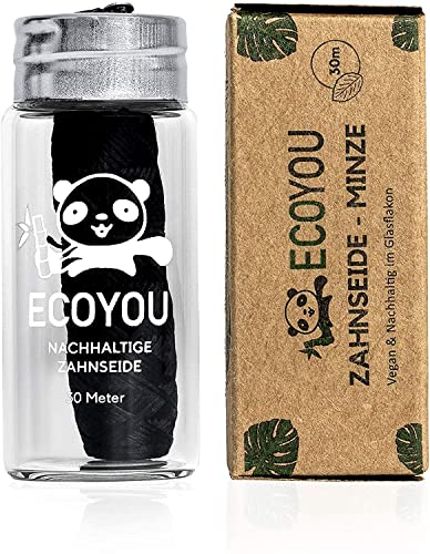 EcoYou Zahnseide nachhaltig aus Bambus-Aktivkohle im plastikfreien, wiederverwendbaren Glas-Flakon - vegan mit Minz Geschmack - schwarz - 30 m