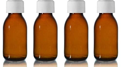 This Health Flacons en verre ambré de 100 ml avec couvercles blancs Medicap ~ Lot de 4 ~ Fermeture résistante aux enfants, rechargeables, réutilisables et solides de format voyage.