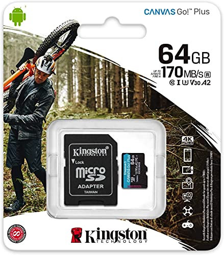 Kingston 64 GB microSDXC Canvas Go Plus 170 MB/s Lesen UHS-I, C10, U3, V30, A2/A1 Speicherkarte + Adapter (SDCG3/64GBCR)