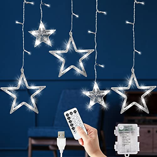 GloBrite Luces de cortina de Navidad, 12 estrellas y 138 luces LED, luz de estrella de Navidad, 8 modos, luces de ventana de Navidad, luces de hadas, luces de Navidad USB y batería para decoraciones