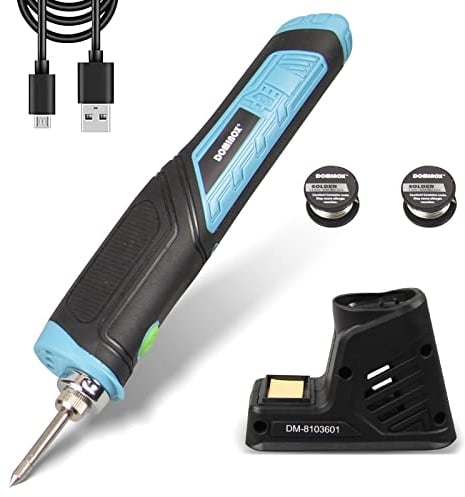 DOMINOX Saldatore senza fili agli ioni di litio da 1500 mAh con faretto a LED, set da 5 pezzi, stazione di saldatura, kit per saldatura, due stoppini per saldatura, cavo di ricarica e mini spugna
