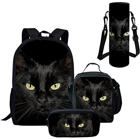Kuiaobaty Lot de 4 sacs à dos d'école, porte-bouteille d'eau, sac à déjeuner isotherme pour étudiant, motif chat noir