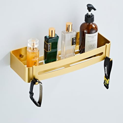 Hoinerus Étagère de douche dorée brossée adhésive ou percée pour salle de bain