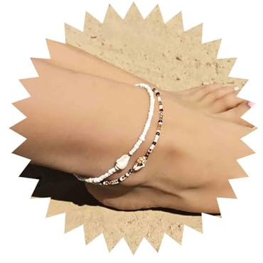 Yienate Bracelet Cheville Perles Fait Main Cheville Boho Perles Conque Chaîne Cheville Élastique Perles Riz Chaîne Pied Plage Superposée Bracelet Cheville 2pcs Set Bijoux Pied Cadeau Pour Femmes
