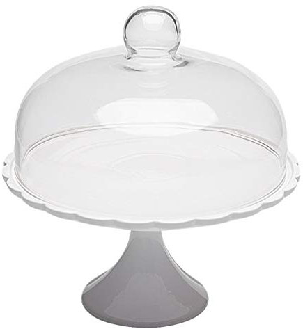 Cake Stand with Dome Lid, Ceramic Cake Plate with Clear Glass cover, Flat Dessert Display Stand for Birthday, Wedding, Party, Café