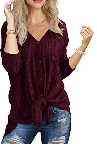 IWOLLENCE Women's Waffle Knit Tunic Knot Tie Blouse Long Sleeve Tops V-Neck Casual Loose Bat Wing Shirts (Burgundy, M)