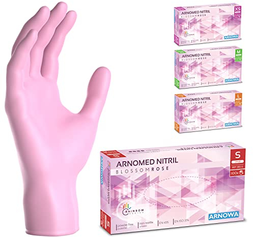 ARNOMED Einweghandschuhe Pink 100 Stück/Box, Einmalhandschuhe S, Nitrilhandschuhe, Handschuhe Einweg puderfrei, latexfreie Gummihandschuhe, Einweghandschuhe in XS, S, M & L verfügbar