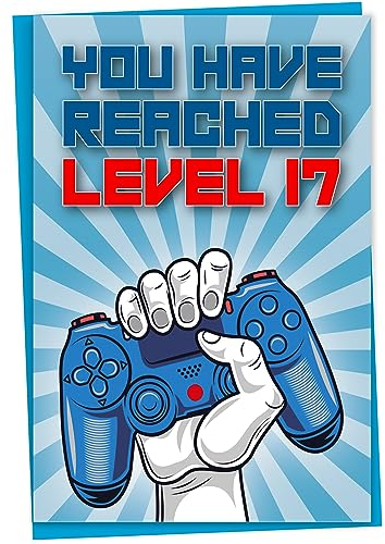 17th Birthday Card, You Have Reached Level 17, Greeting Card for Seventeen Year Old Gamer Boys or Girls, Birthday Gift for Teenage Son or Daughter, Grandson Granddaughter, Blue