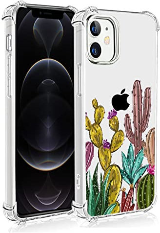 MAYCARI Cute Cactus Phone Case Compatible with iPhone 12 6.1 inch, Clear Animal Design Soft TPU Bumper Cover and Flexible Full Body Protection Shockproof Shell for Girls Women