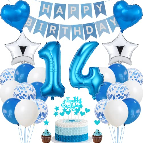 Jrzyhi 14. Geburtstag Dekoration - Blau Silber Party Deko für Junge und Mädchen - Tortendeko für 14 Jahre