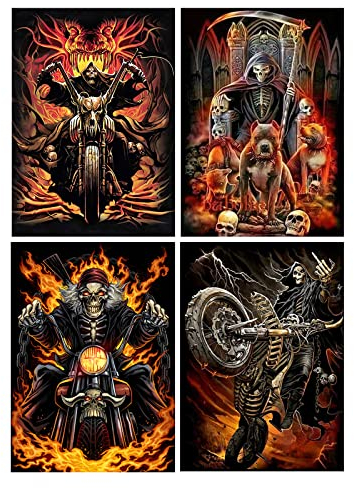 SHEGZHUC 4 Pack Diamond Painting Schädel 30x40 cm Diamond Painting Skull Totenkopf auf Motorrad Daiments Painting Gothic Skull Diamant Painting Totenkopf Diamant Painting Bilder Schädel auf Motorrad